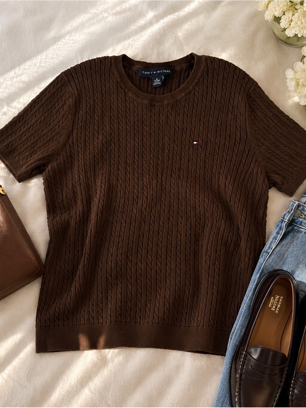 Classic Tommy Hilfiger chocolate brown cable knit short-sleeve top XL